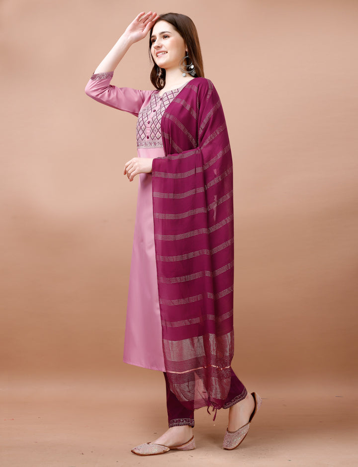 Pink Color Cotton Blend Embroidery Kurti with Pant And Dupatta Sets