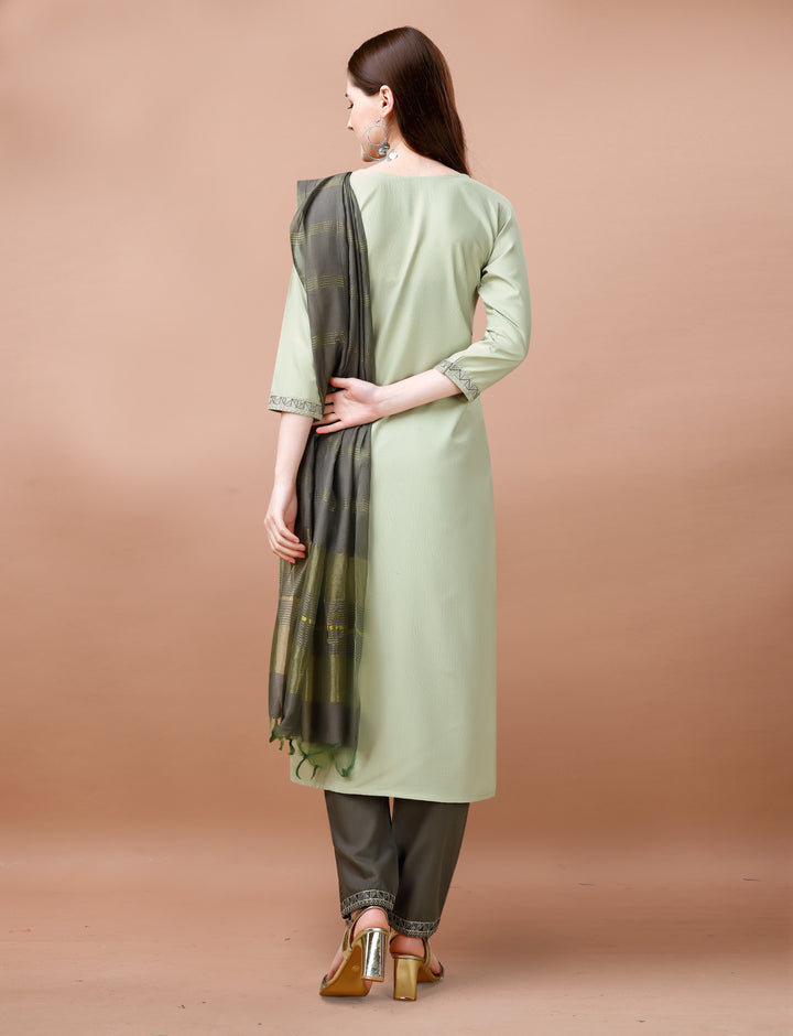 Green Color Cotton Blend Embroidery Kurti with Pant And Dupatta Sets
