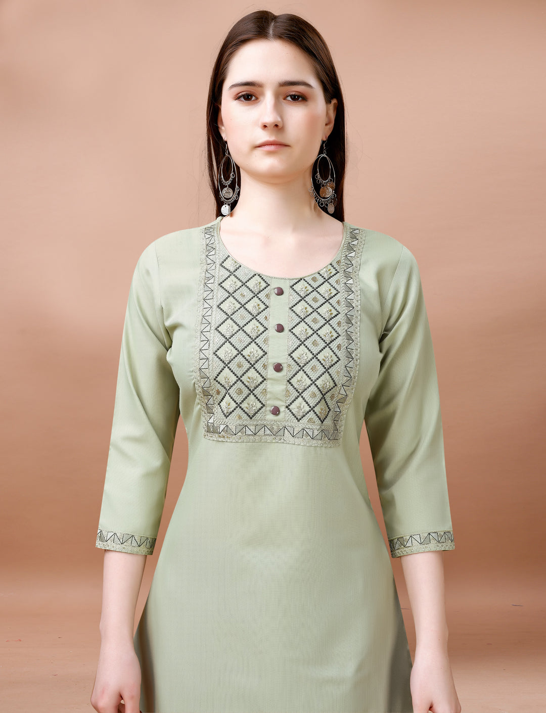 Green Color Cotton Blend Embroidery Kurti with Pant And Dupatta Sets