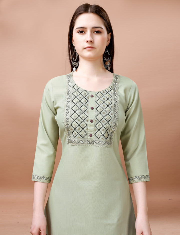 Green Color Cotton Blend Embroidery Kurti with Pant And Dupatta Sets