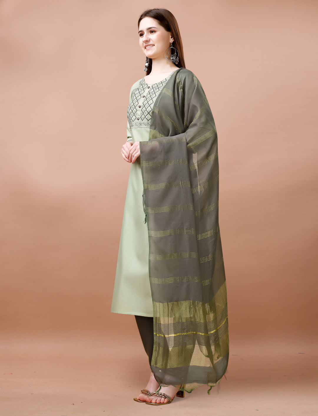 Green Color Cotton Blend Embroidery Kurti with Pant And Dupatta Sets