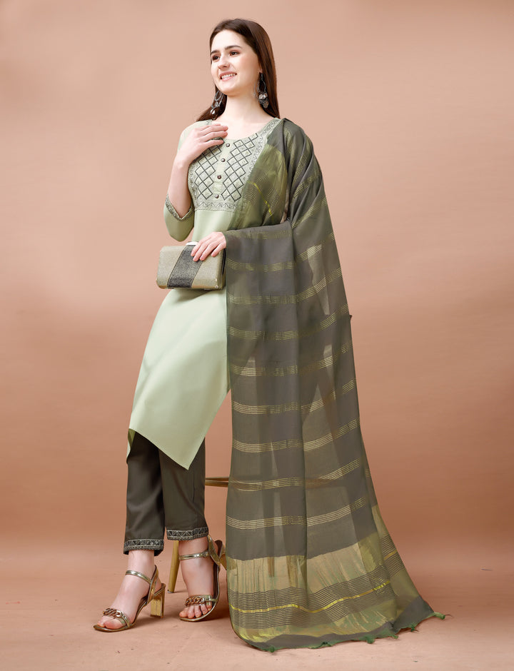 Green Color Cotton Blend Embroidery Kurti with Pant And Dupatta Sets