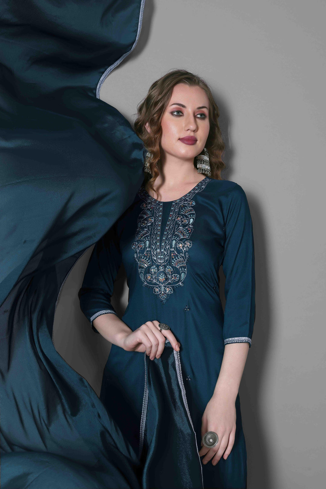 Navy Blue Color Silk Blend Embroidery Kurti with Pant And Dupatta Sets
