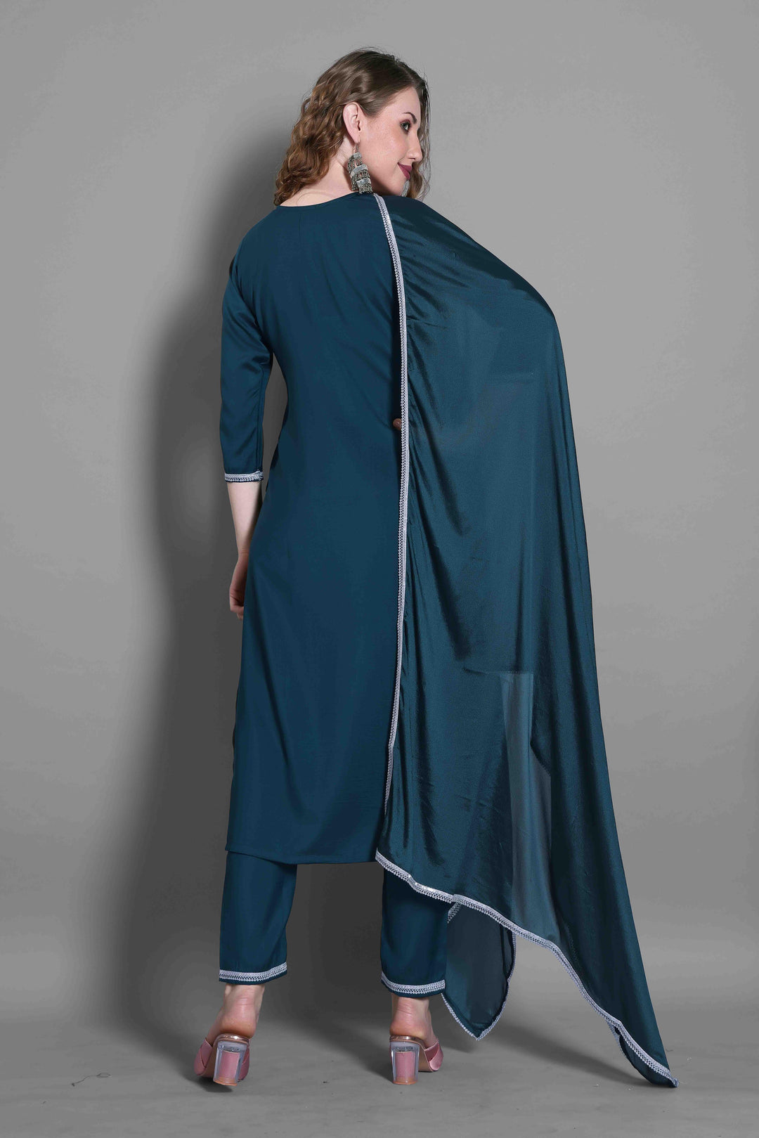 Navy Blue Color Silk Blend Embroidery Kurti with Pant And Dupatta Sets