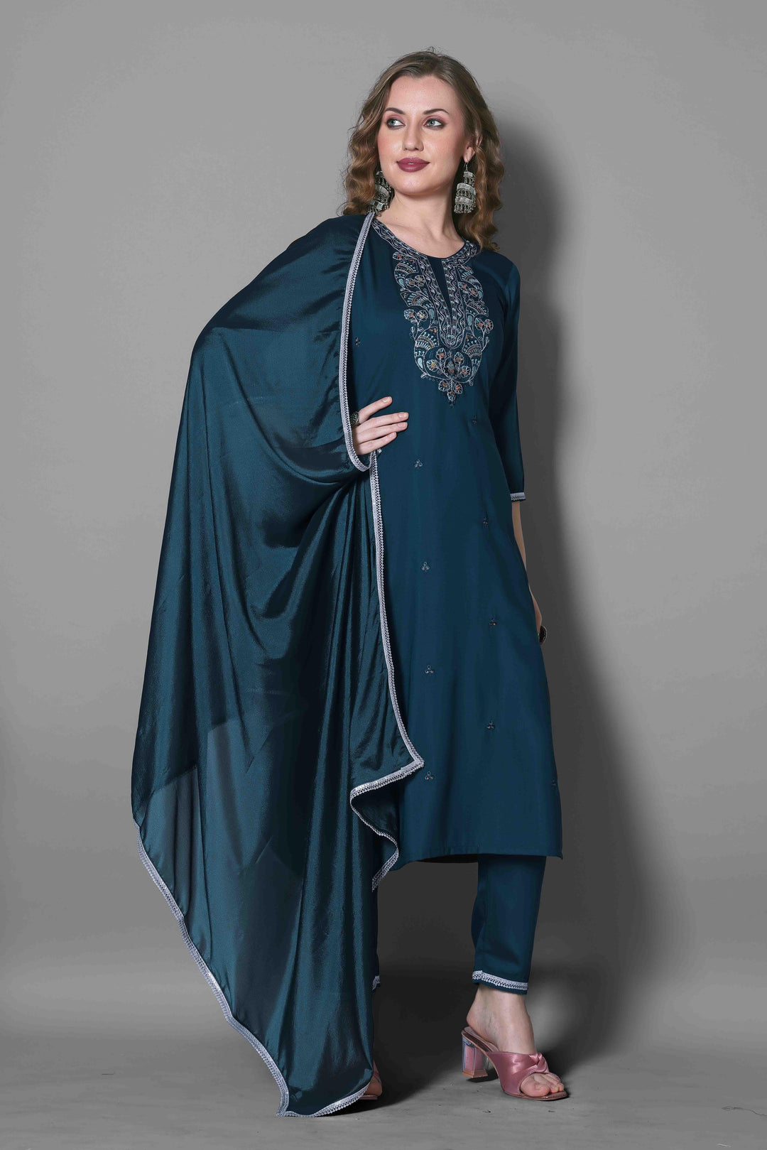 Navy Blue Color Silk Blend Embroidery Kurti with Pant And Dupatta Sets