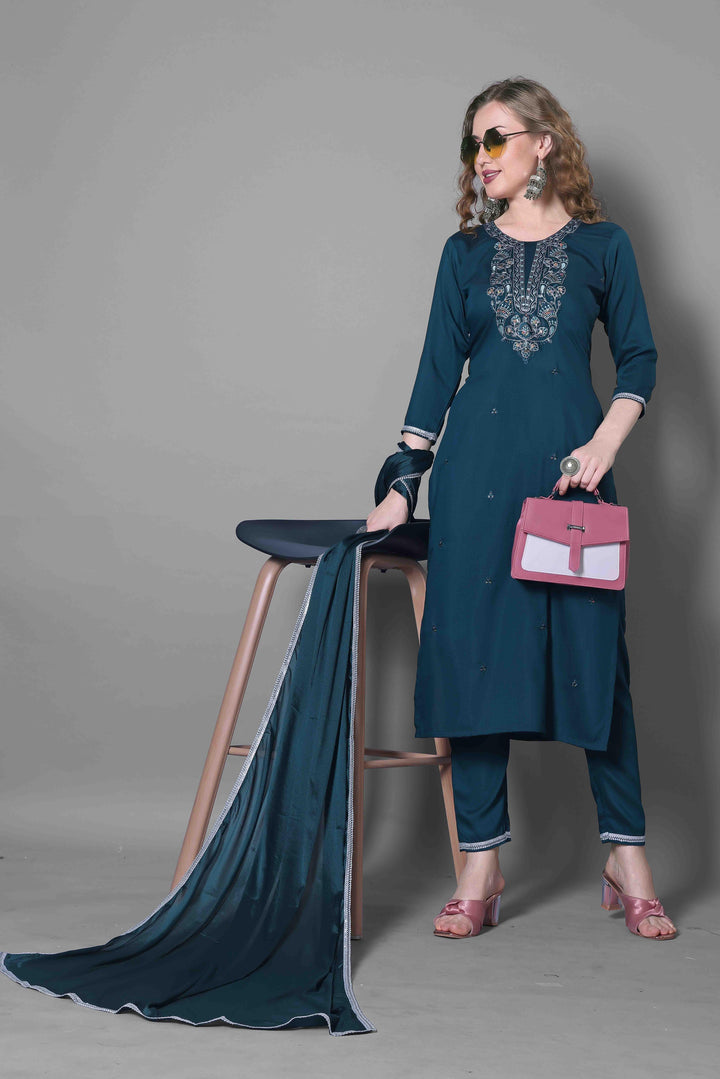 Navy Blue Color Silk Blend Embroidery Kurti with Pant And Dupatta Sets