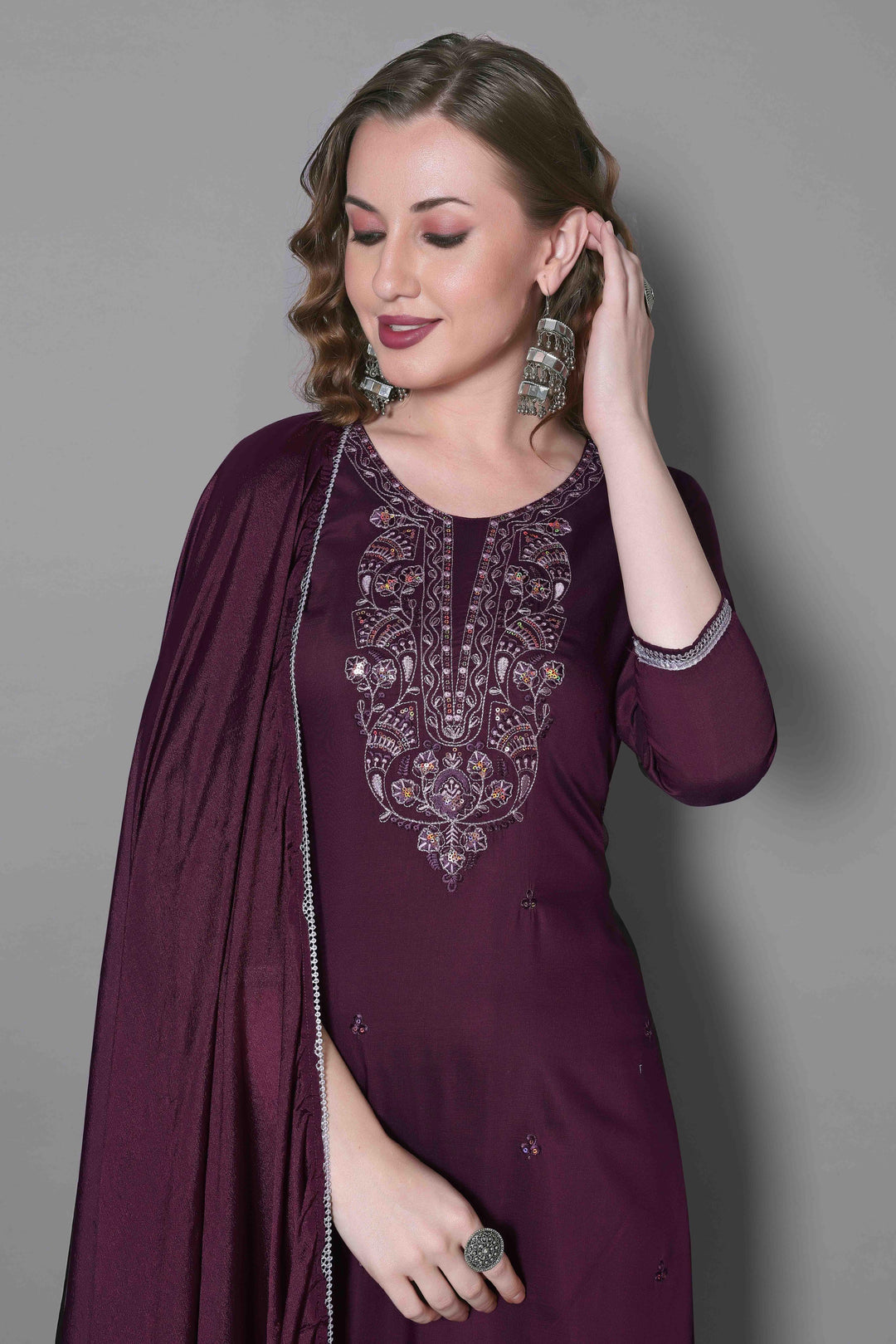 Maroon Color Silk Blend Embroidery Kurti with Pant And Dupatta Sets