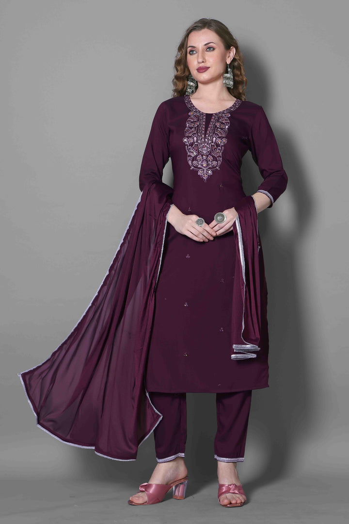 Maroon Color Silk Blend Embroidery Kurti with Pant And Dupatta Sets