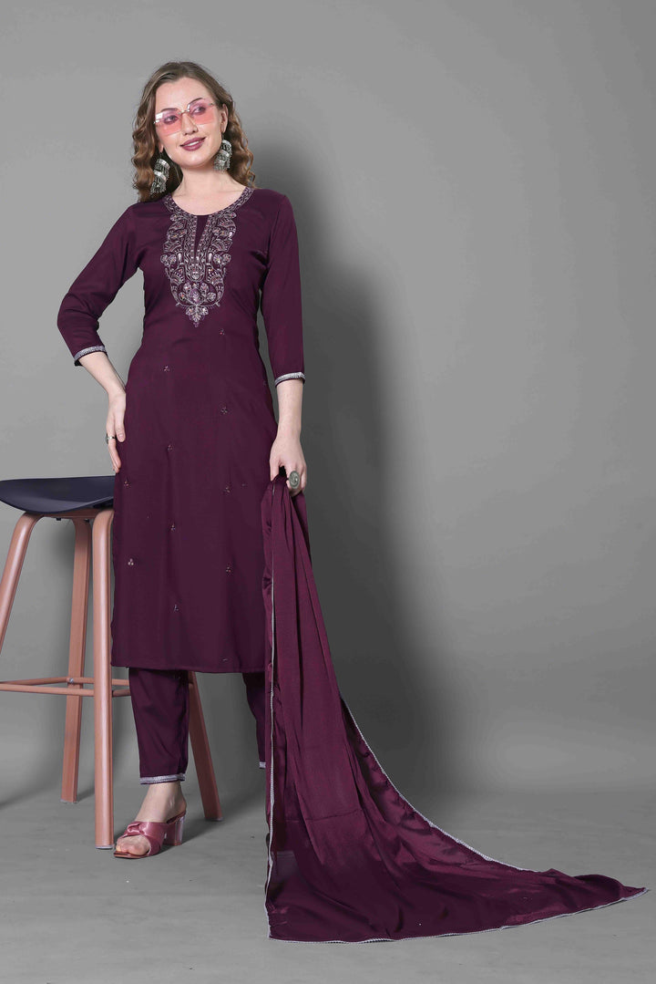 Maroon Color Silk Blend Embroidery Kurti with Pant And Dupatta Sets