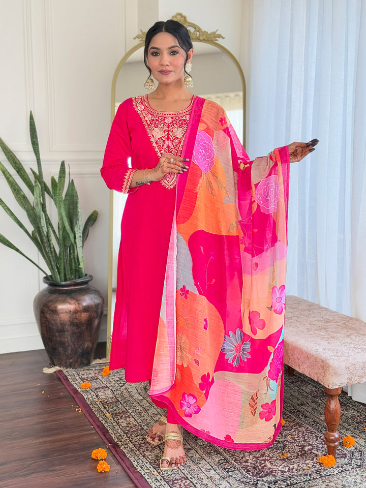 Pink Color Viscose Chanderi Kurti With Pant And Heavy Embroidery Dupatta Set