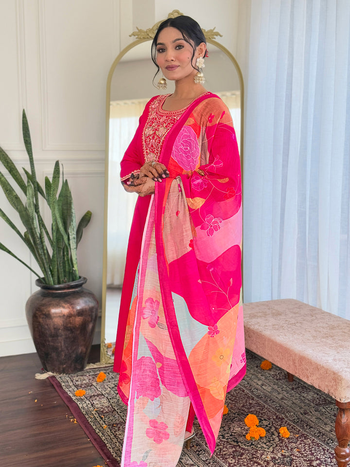 Pink Color Viscose Chanderi Kurti With Pant And Heavy Embroidery Dupatta Set