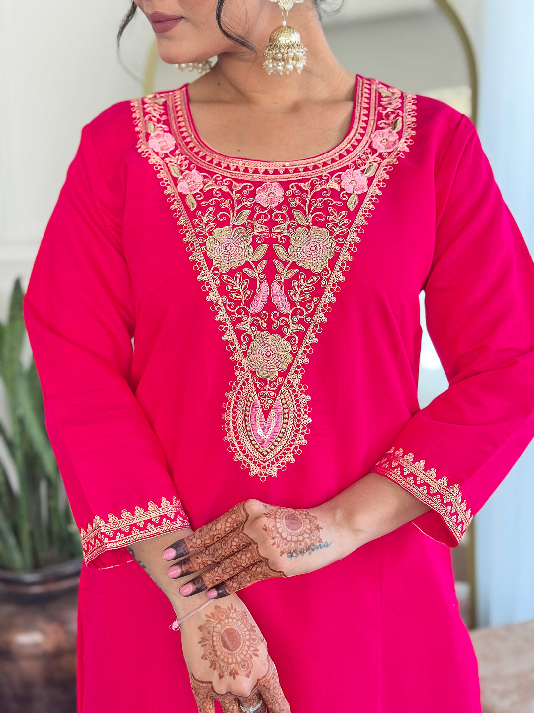 Pink Color Viscose Chanderi Kurti With Pant And Heavy Embroidery Dupatta Set