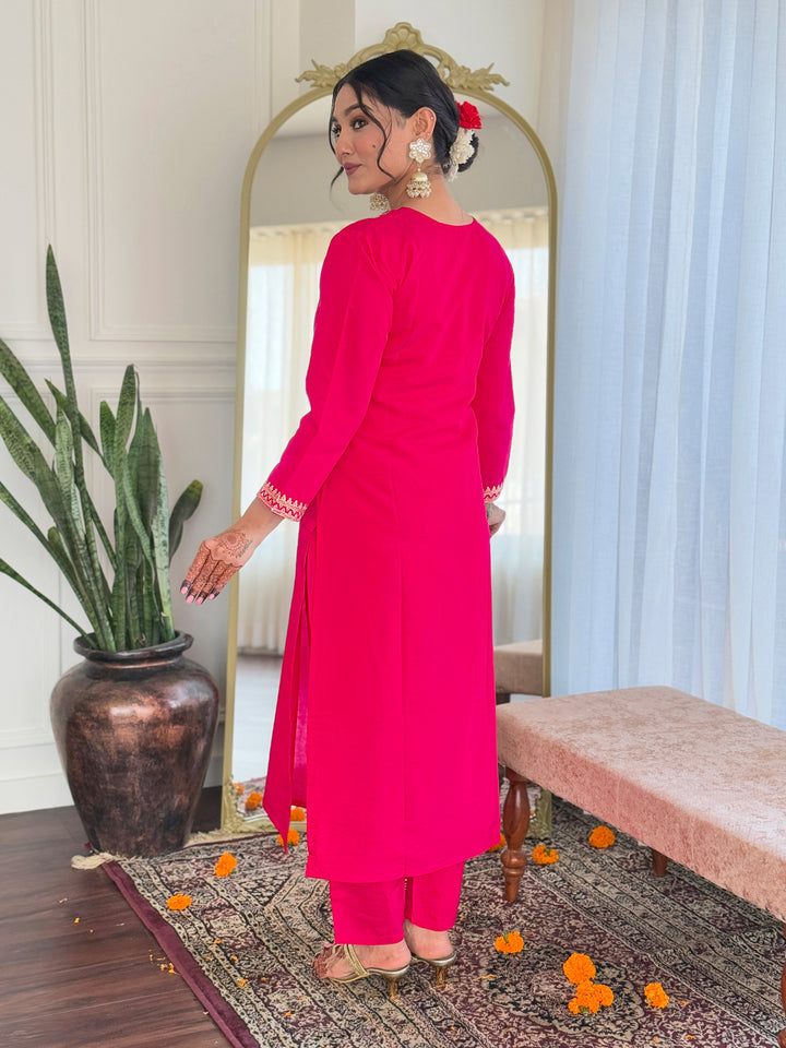 Pink Color Viscose Chanderi Kurti With Pant And Heavy Embroidery Dupatta Set
