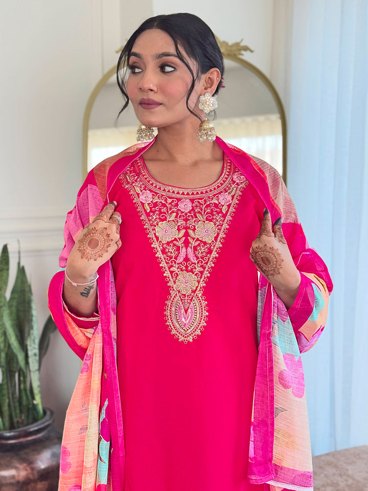 Pink Color Viscose Chanderi Kurti With Pant And Heavy Embroidery Dupatta Set