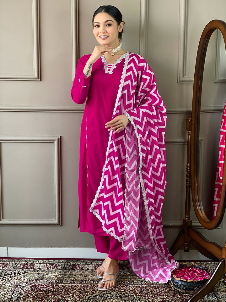 Rani Color Viscose Kurti Embroidery With Pant And Dupatta Set