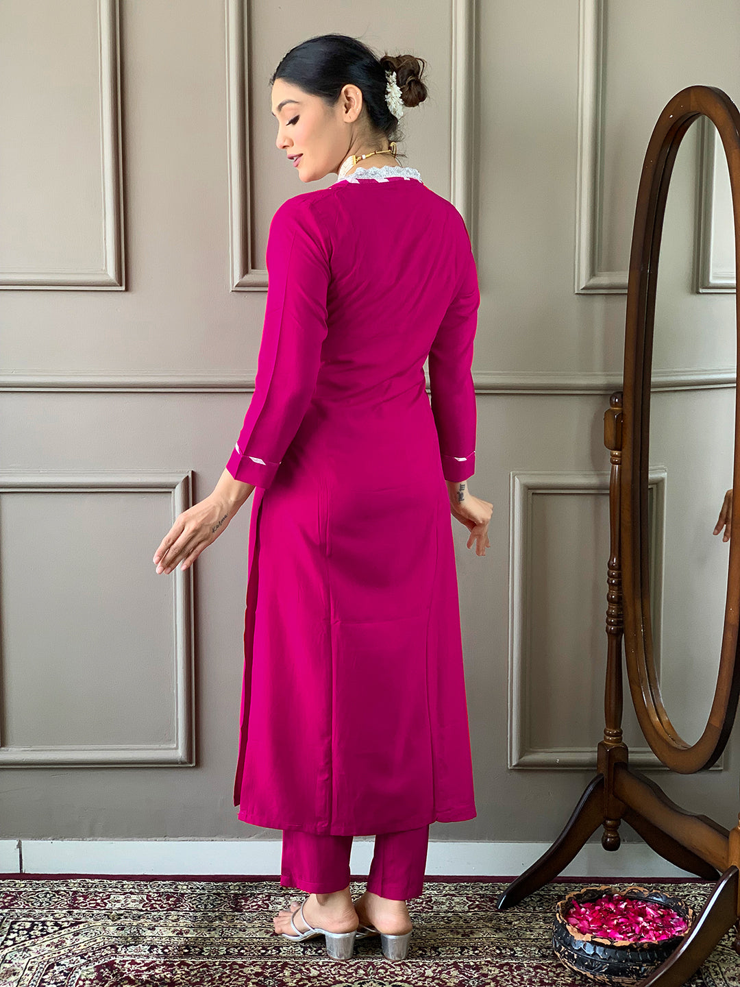 Rani Color Viscose Kurti Embroidery With Pant And Dupatta Set