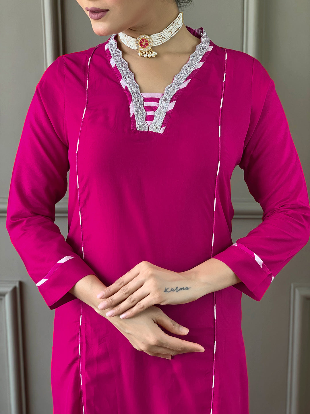 Rani Color Viscose Kurti Embroidery With Pant And Dupatta Set