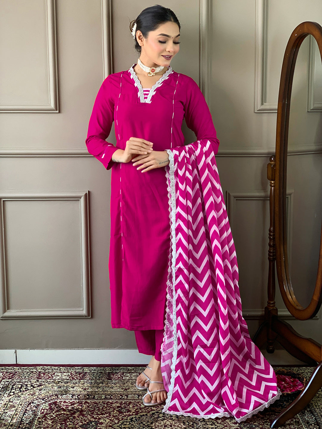 Rani Color Viscose Kurti Embroidery With Pant And Dupatta Set