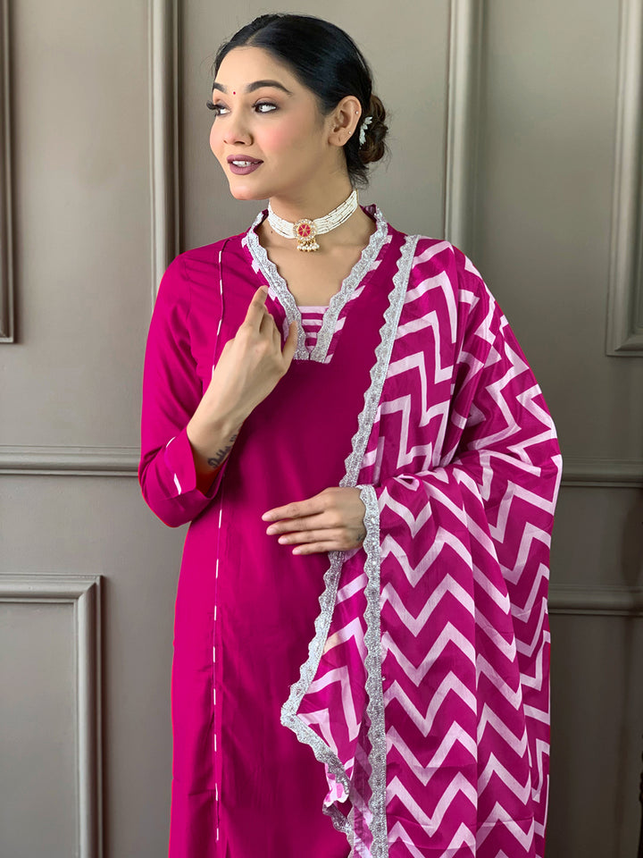 Rani Color Viscose Kurti Embroidery With Pant And Dupatta Set
