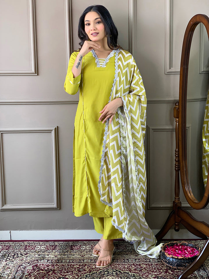 Lemon Color Viscose Kurti Embroidery With Pant And Dupatta Set