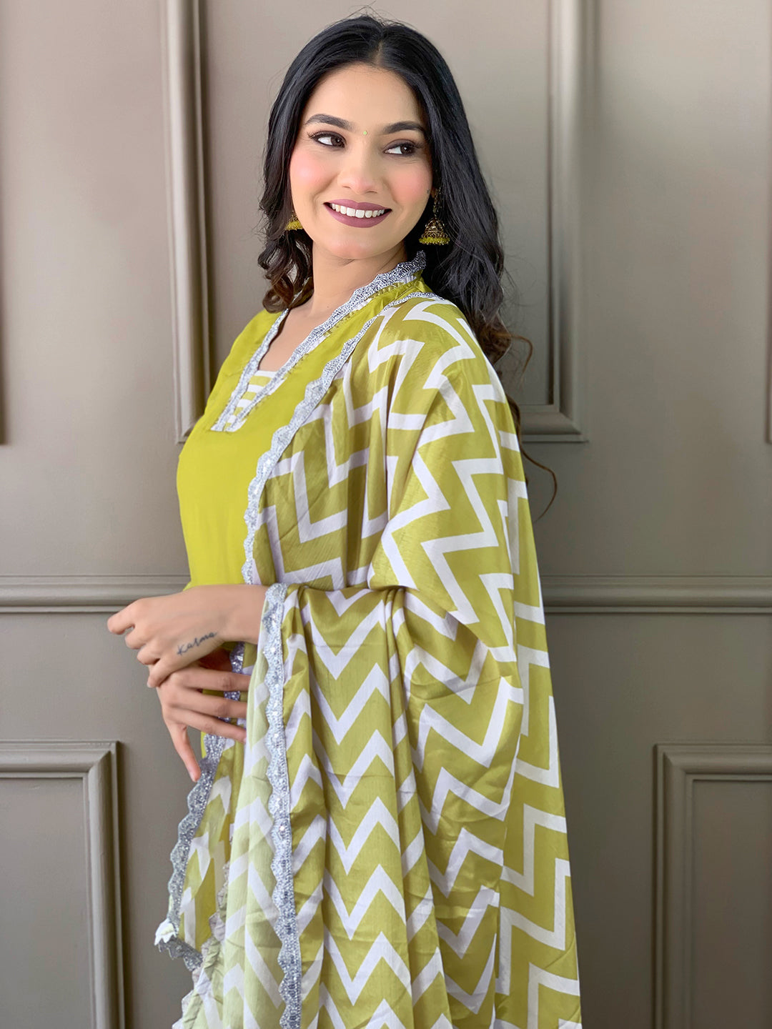 Lemon Color Viscose Kurti Embroidery With Pant And Dupatta Set