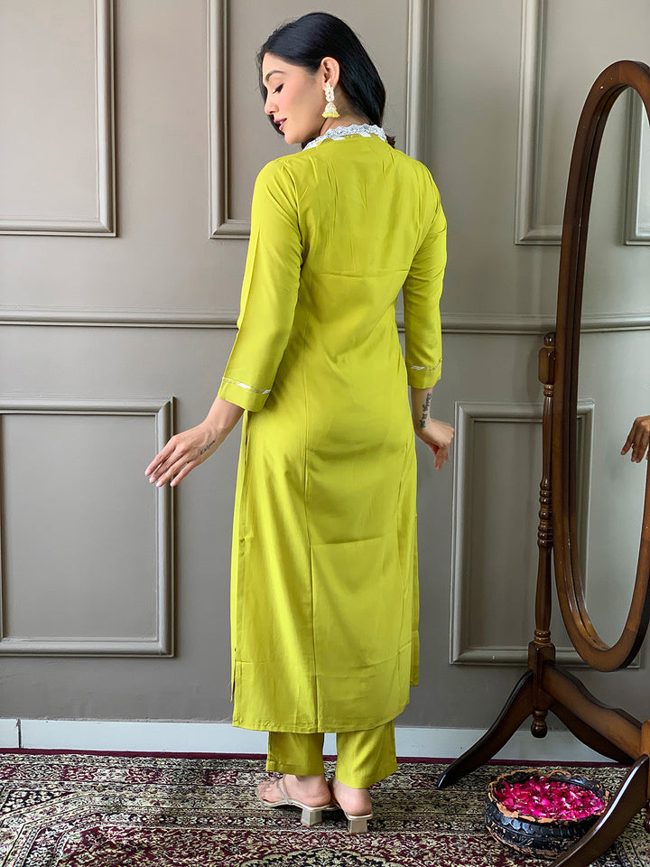 Lemon Color Viscose Kurti Embroidery With Pant And Dupatta Set