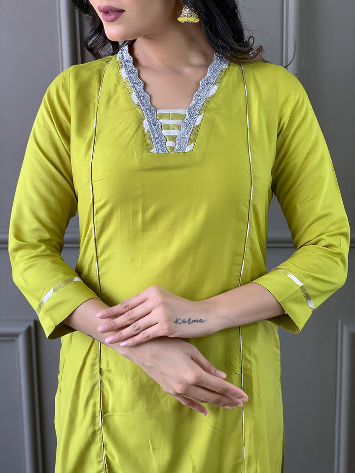 Lemon Color Viscose Kurti Embroidery With Pant And Dupatta Set