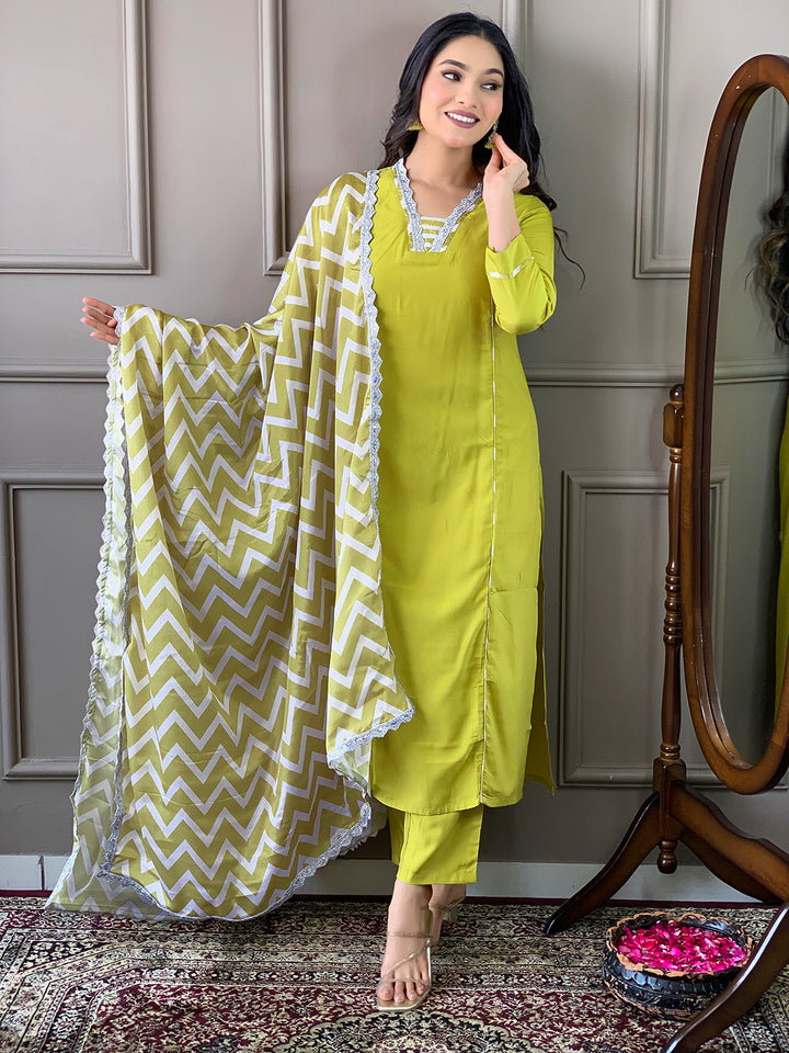 Lemon Color Viscose Kurti Embroidery With Pant And Dupatta Set
