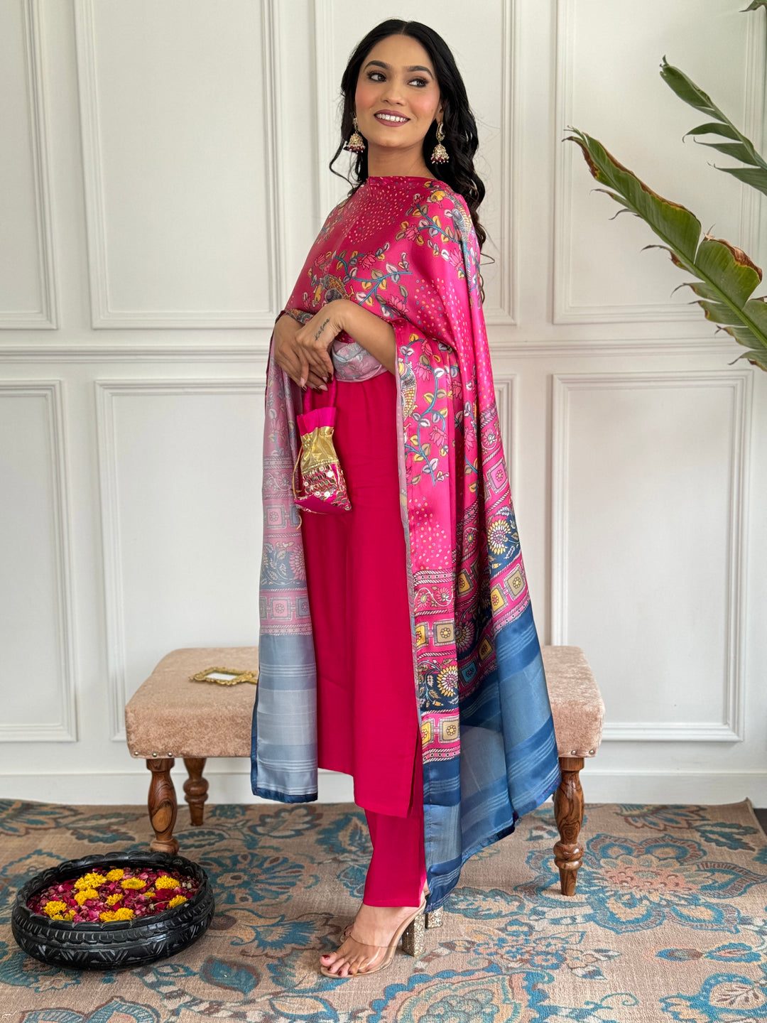 Gajri Color Viscose Kurti Embroidery With Pant And Jacquard Printed Dupatta Set
