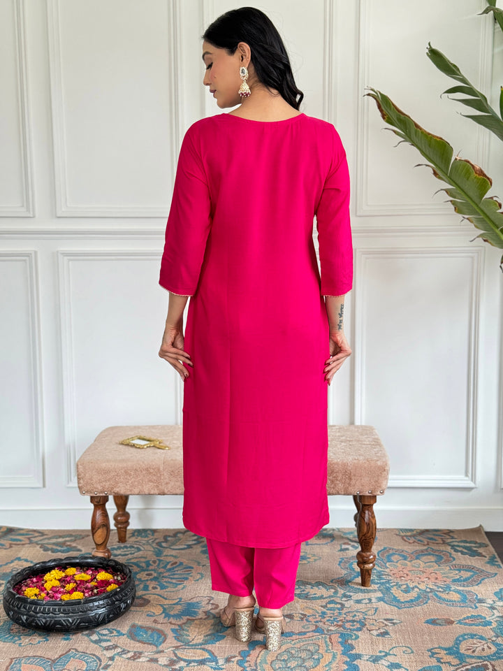 Gajri Color Viscose Kurti Embroidery With Pant And Jacquard Printed Dupatta Set