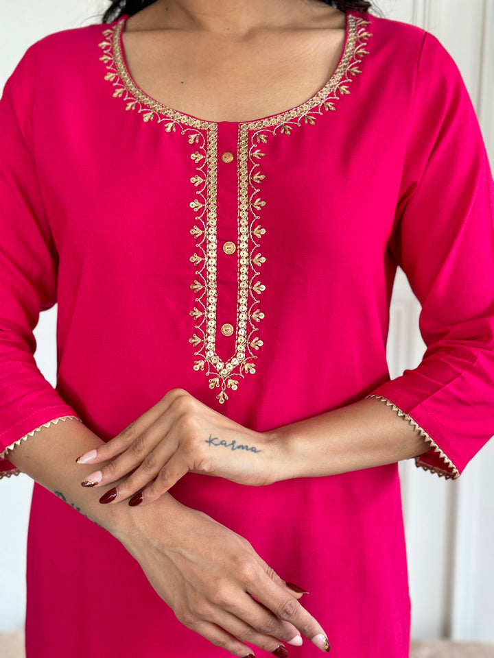Gajri Color Viscose Kurti Embroidery With Pant And Jacquard Printed Dupatta Set