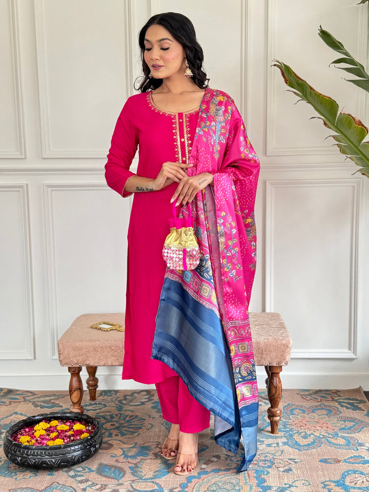 Gajri Color Viscose Kurti Embroidery With Pant And Jacquard Printed Dupatta Set