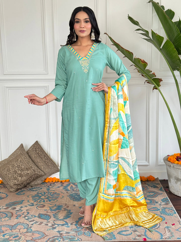 Firoji Color Viscose Kurti Embroidery With Pant And Gajii Silk Dupatta Set