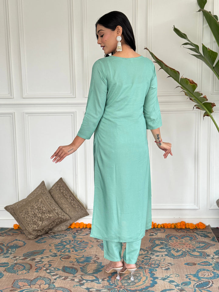 Firoji Color Viscose Kurti Embroidery With Pant And Gajii Silk Dupatta Set