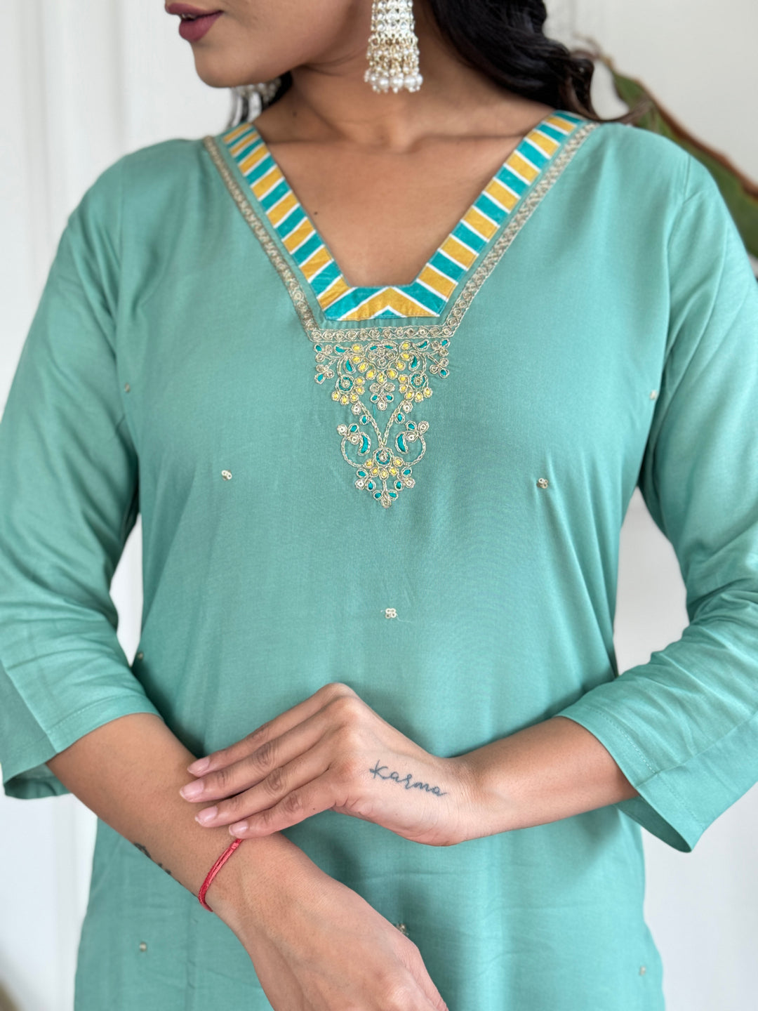 Firoji Color Viscose Kurti Embroidery With Pant And Gajii Silk Dupatta Set
