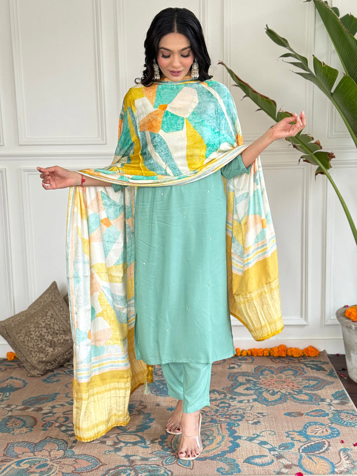 Firoji Color Viscose Kurti Embroidery With Pant And Gajii Silk Dupatta Set