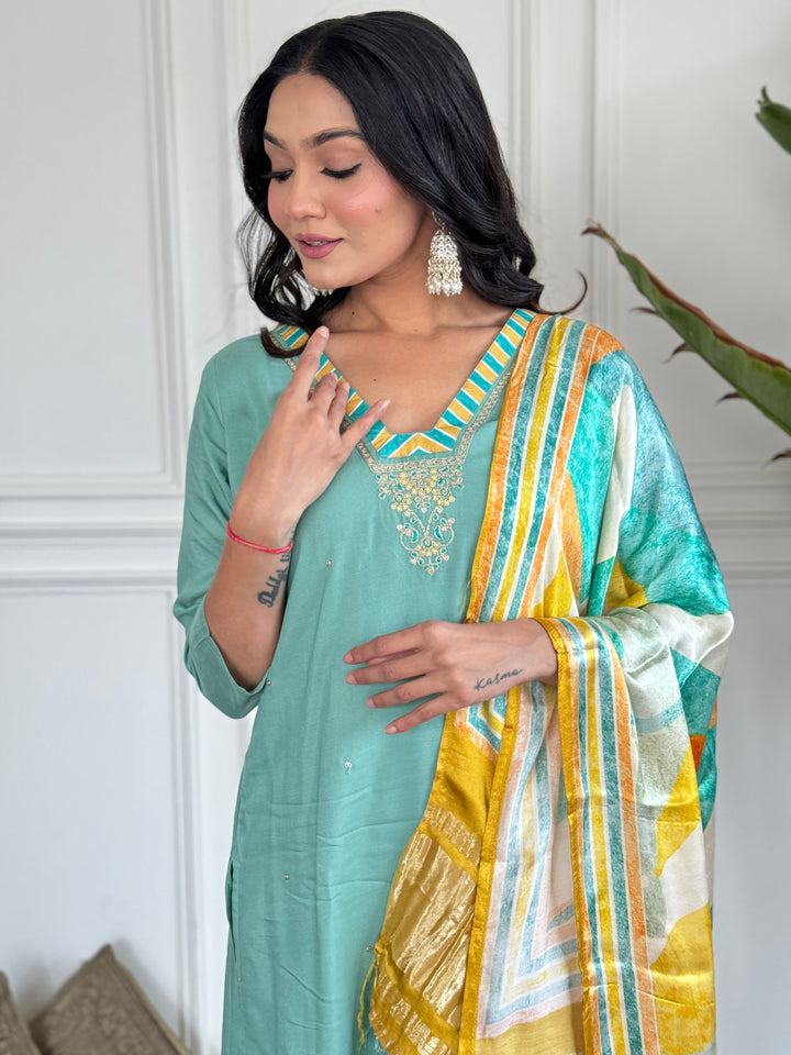 Firoji Color Viscose Kurti Embroidery With Pant And Gajii Silk Dupatta Set
