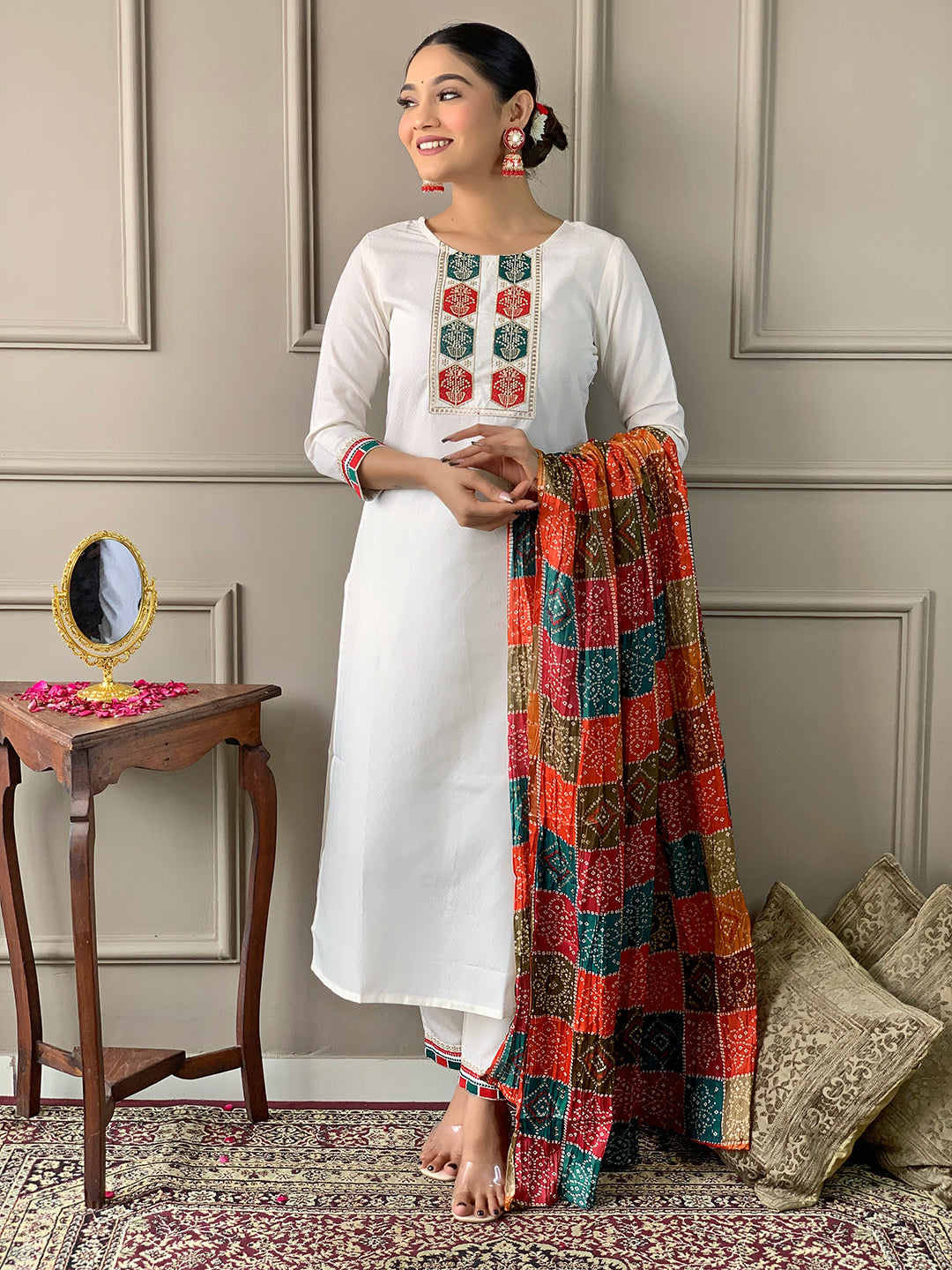 White Color Viscose Kurti Embroidery With Pant And Dupatta Set