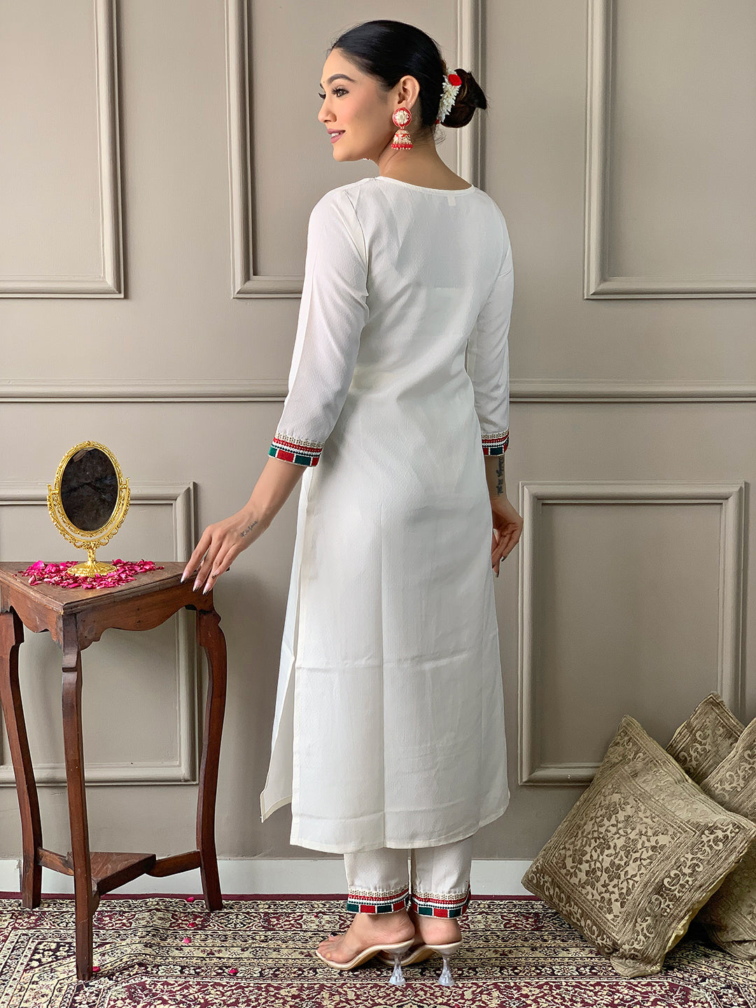 White Color Viscose Kurti Embroidery With Pant And Dupatta Set