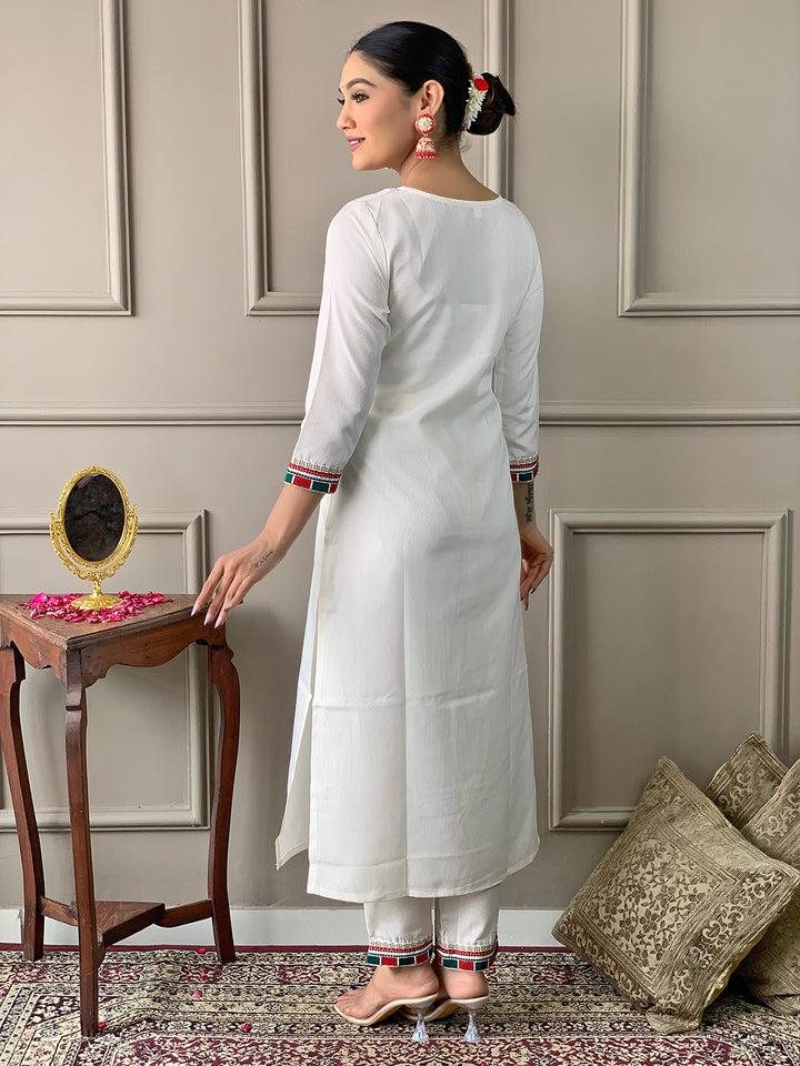 White Color Viscose Kurti Embroidery With Pant And Dupatta Set