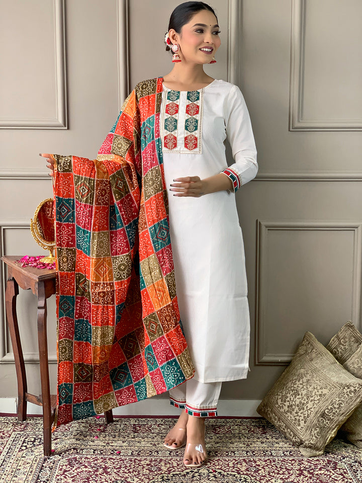 White Color Viscose Kurti Embroidery With Pant And Dupatta Set