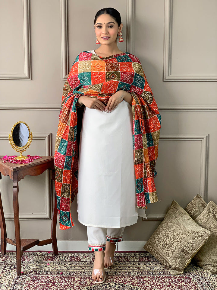 White Color Viscose Kurti Embroidery With Pant And Dupatta Set