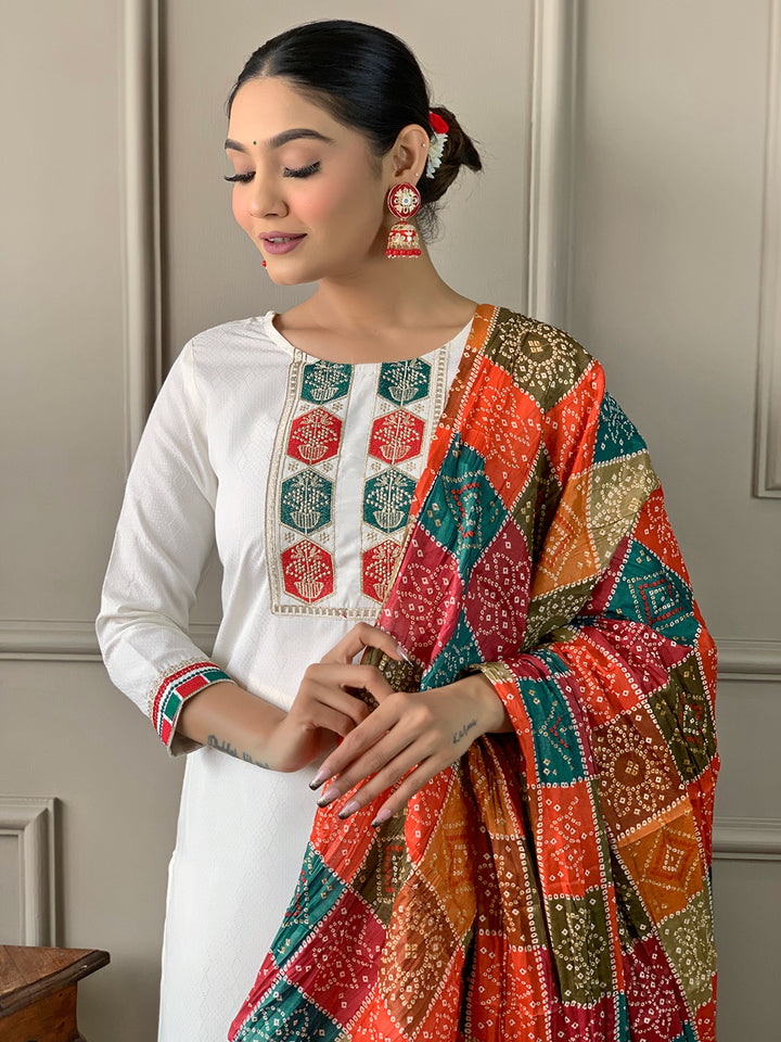 White Color Viscose Kurti Embroidery With Pant And Dupatta Set