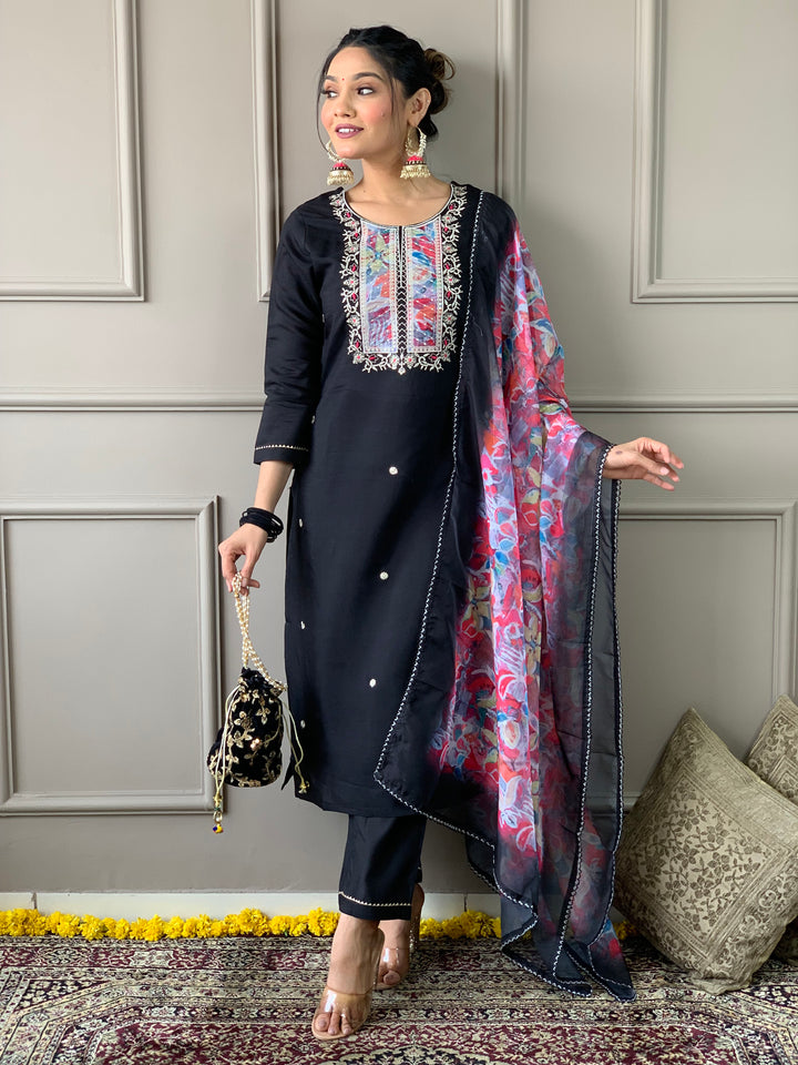 Black Color Rayon Slub Kurti Embroidery With Pant And Dupatta Set