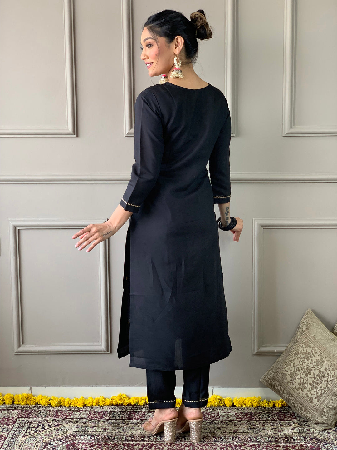 Black Color Rayon Slub Kurti Embroidery With Pant And Dupatta Set