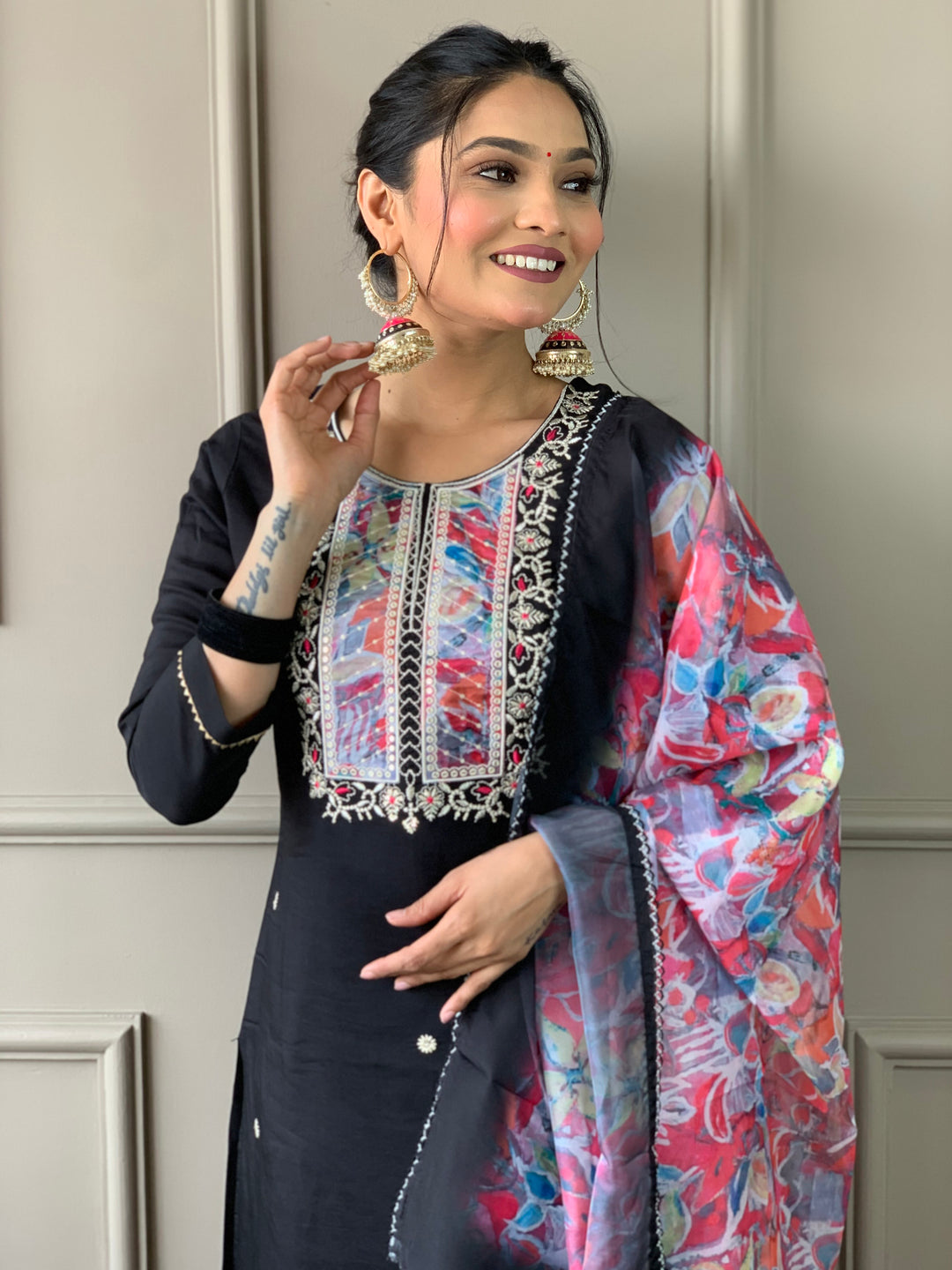 Black Color Rayon Slub Kurti Embroidery With Pant And Dupatta Set