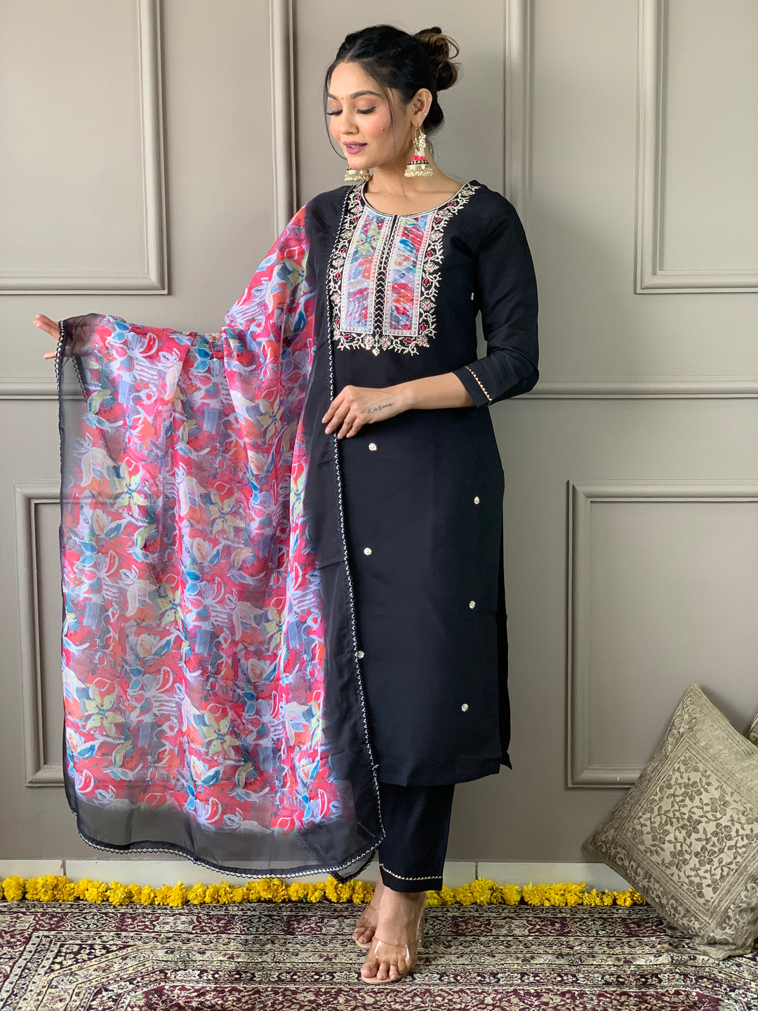 Black Color Rayon Slub Kurti Embroidery With Pant And Dupatta Set
