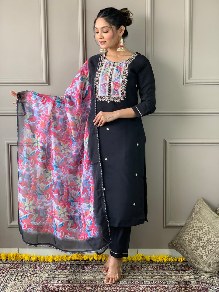 Black Color Rayon Slub Kurti Embroidery With Pant And Dupatta Set