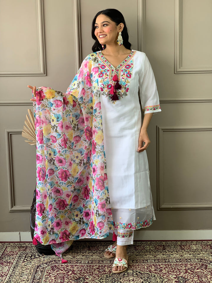 Off-White Color Chanderi With Cotton Lining Kurti Embroidery Work With Pant And Dupatta Set