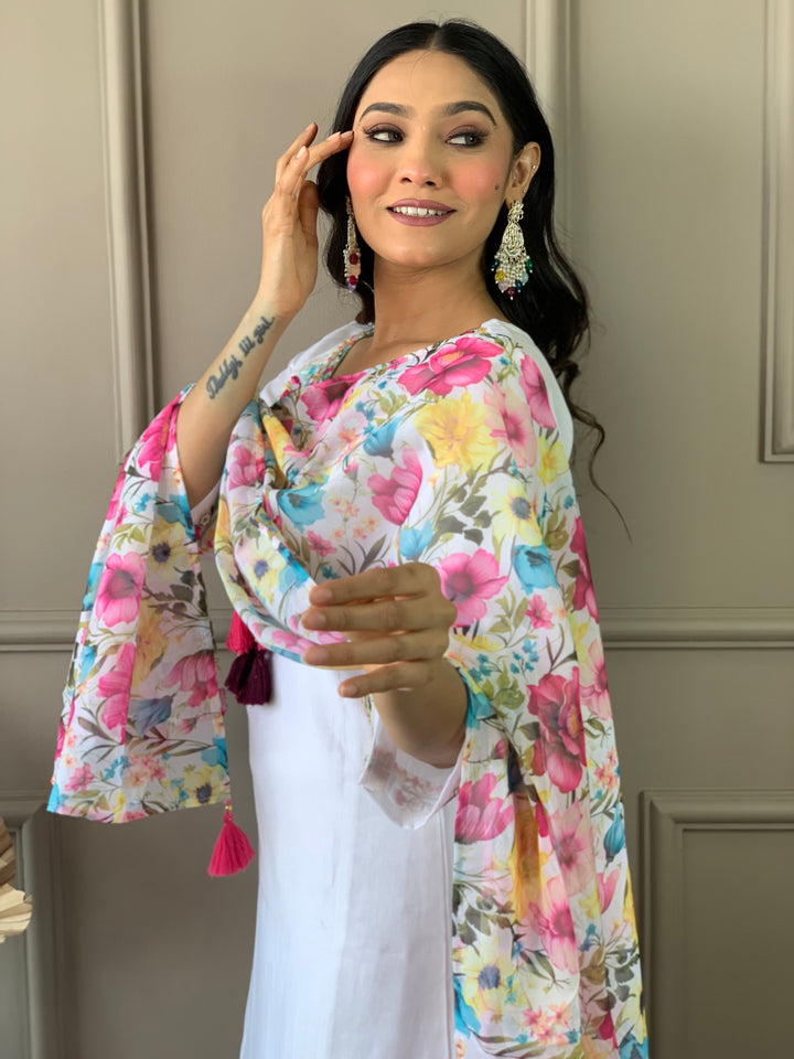 Off-White Color Chanderi With Cotton Lining Kurti Embroidery Work With Pant And Dupatta Set